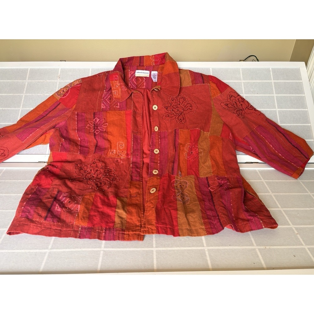 Art To Wear Patchwork Embroidered Boho Chic Artsy Folk Linen Blazer Jacket Sz24W